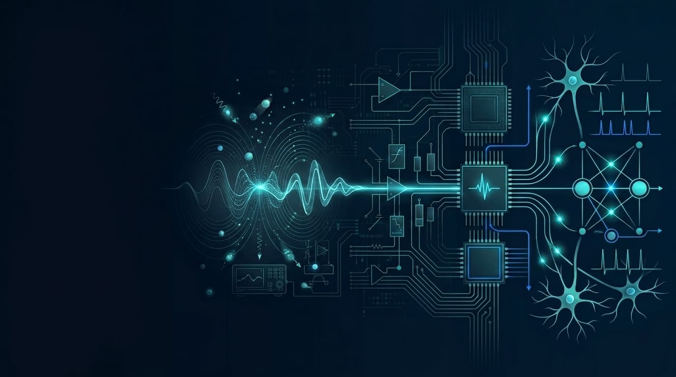 Conceptual illustration of a quantum phenomenon being sensed, converted into an electronic signal, processed by intelligent hardware, and turned into useful information.