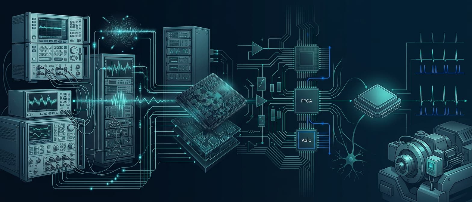 Illustration of FPGA and ASIC hardware with digital pipelines and processing blocks.