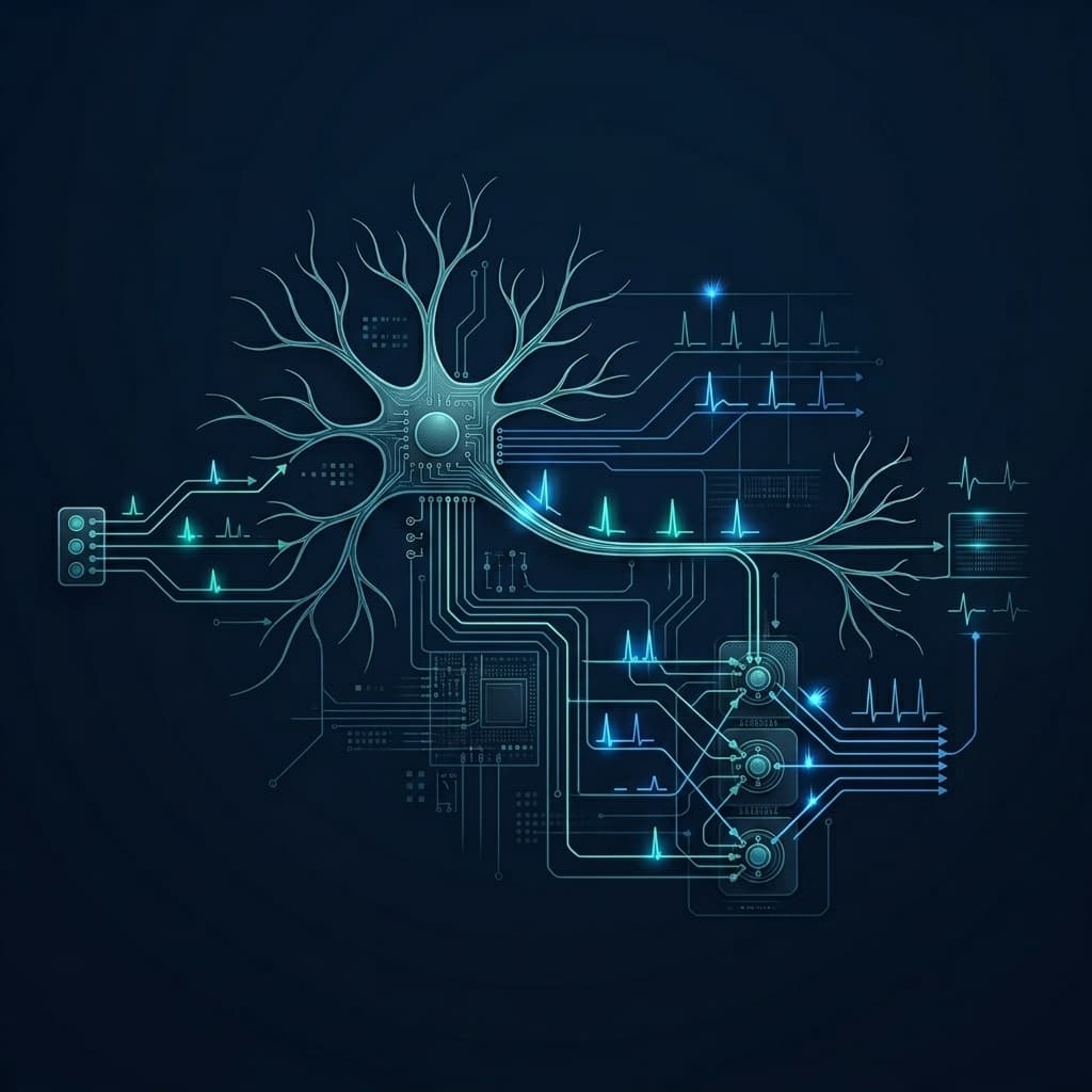 Illustration of neuromorphic processing with stylized neurons, spiking signals, and circuit connectivity.